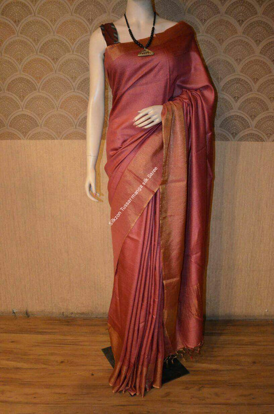 Red Muga Block Printed  Zari Border Pure Silk Mark Certified Tussar Silk Sarees - Dailybuyys