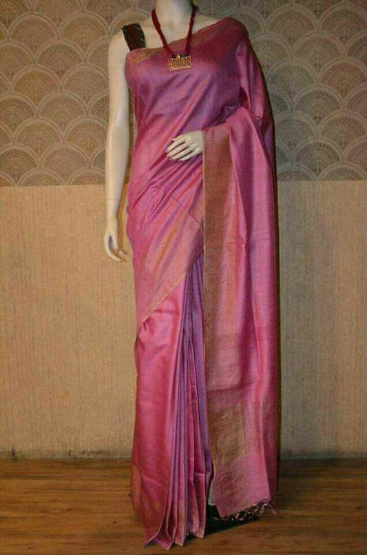 Pink Muga  Block Printed Zari Border Pure Silk Mark Certified Tussar Silk Sarees - Dailybuyys