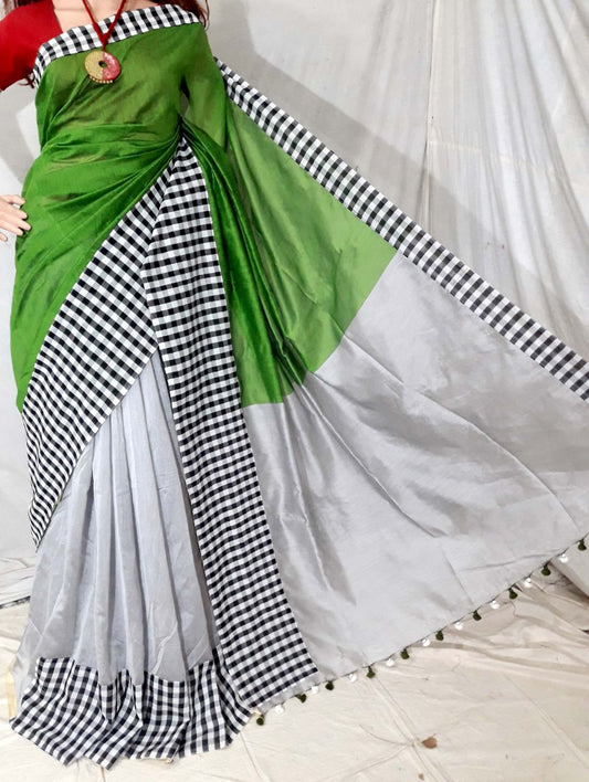 Green Beige Pure Cotton Silk Sarees - Dailybuyys