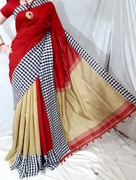 Red Beige Pure Cotton Silk Sarees - Dailybuyys