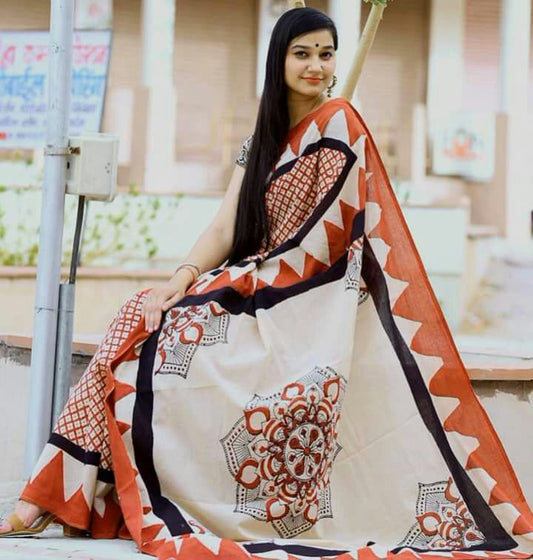 Orange White Bagru Printed Pure Cotton Sarees - Dailybuyys
