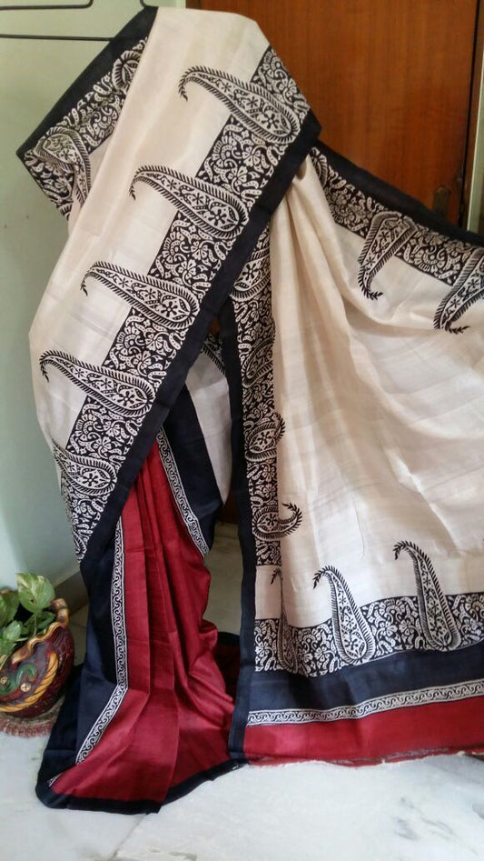 Kolka Motif  Pure KK Block Printed Silk Mark Certified Bishnupuri Silk Sarees - Dailybuyys