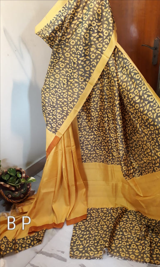 Yellow Pure KK Block Printed  Silk Mark Certified Bishnupuri Silk Sarees - Dailybuyys