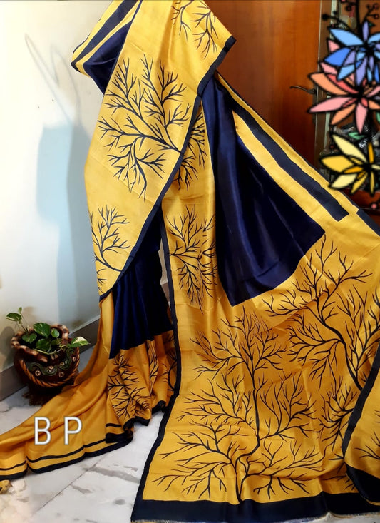 Yellow Blue Pure KK Hand Painted Silk Mark Certified Bishnupuri Silk Sarees - Dailybuyys
