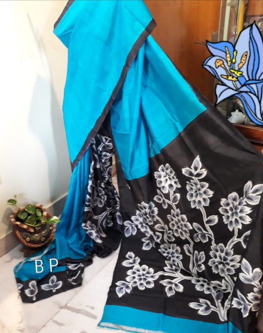 Blue Black Pure KK Hand Painted Silk Mark Certified Bishnupuri Silk Sarees - Dailybuyys