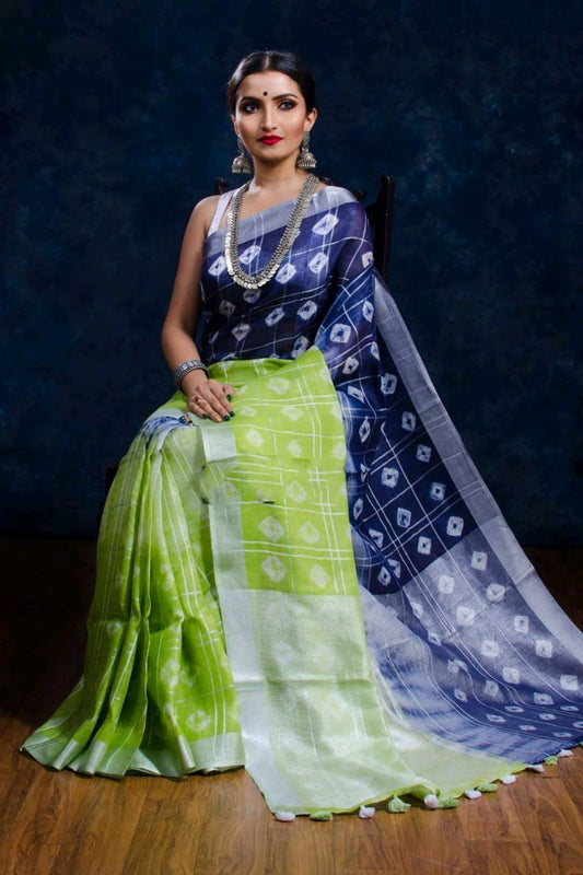 Green Blue 80 Count Bhagalpur KK Pure Linen Sarees - Dailybuyys