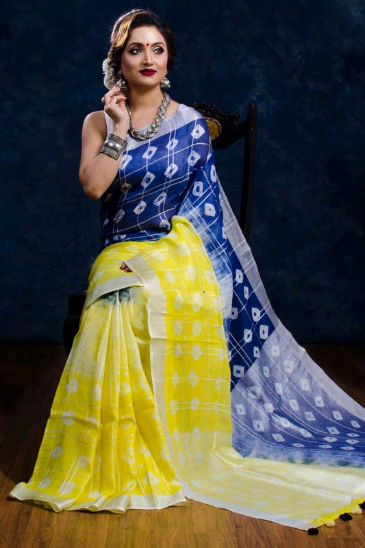 Yellow Blue 80 Count Bhagalpur KK Pure Linen Sarees - Dailybuyys