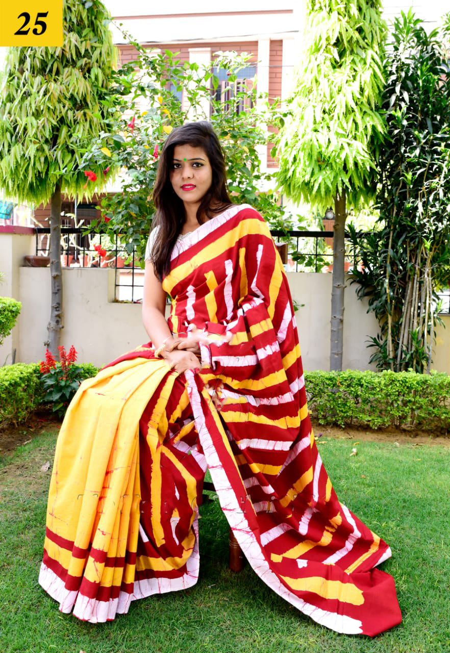 Yellow Mulmul Batik Sarees - Dailybuyys