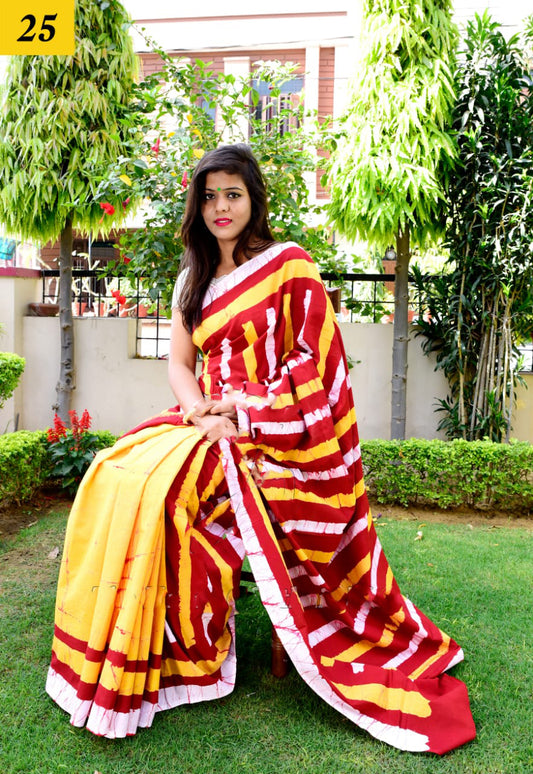 Yellow Mulmul Batik Sarees - Dailybuyys