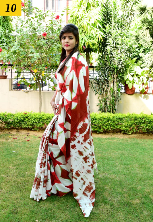 Red & white Mulmul Batik Sarees - Dailybuyys