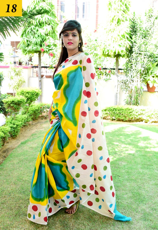 Yellow & Blue Mulmul Batik Sarees - Dailybuyys