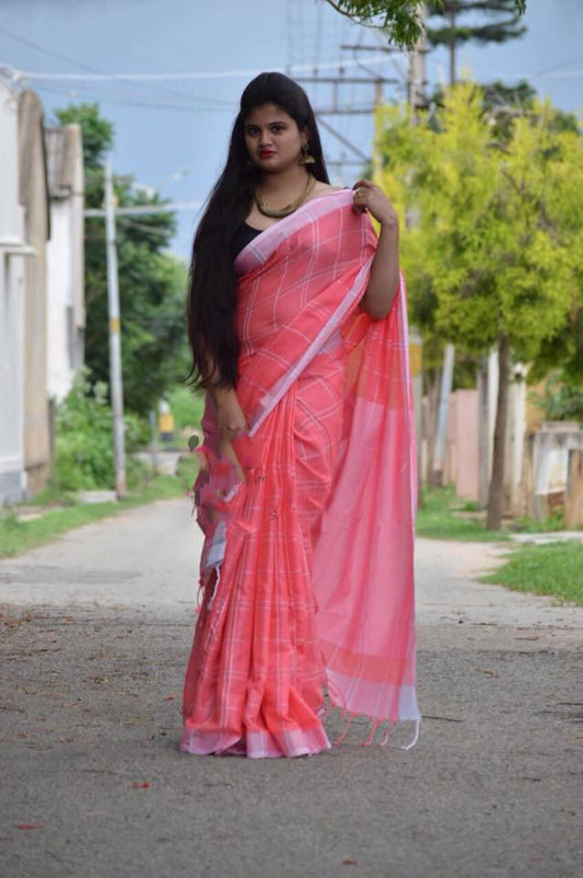 Pink Pure Linen Sarees - Dailybuyys