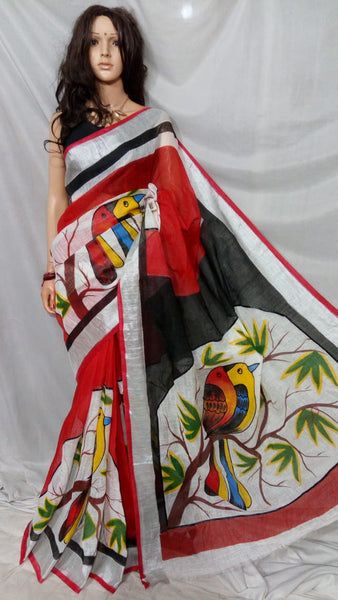 Red & White S.G Pure Linen Sarees