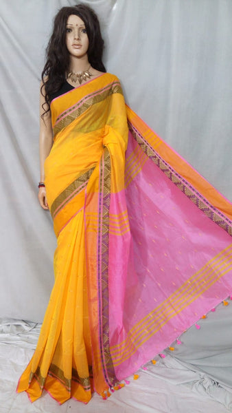 Yellow Pink Shreya Handloom Pure Cotton Silk Sarees