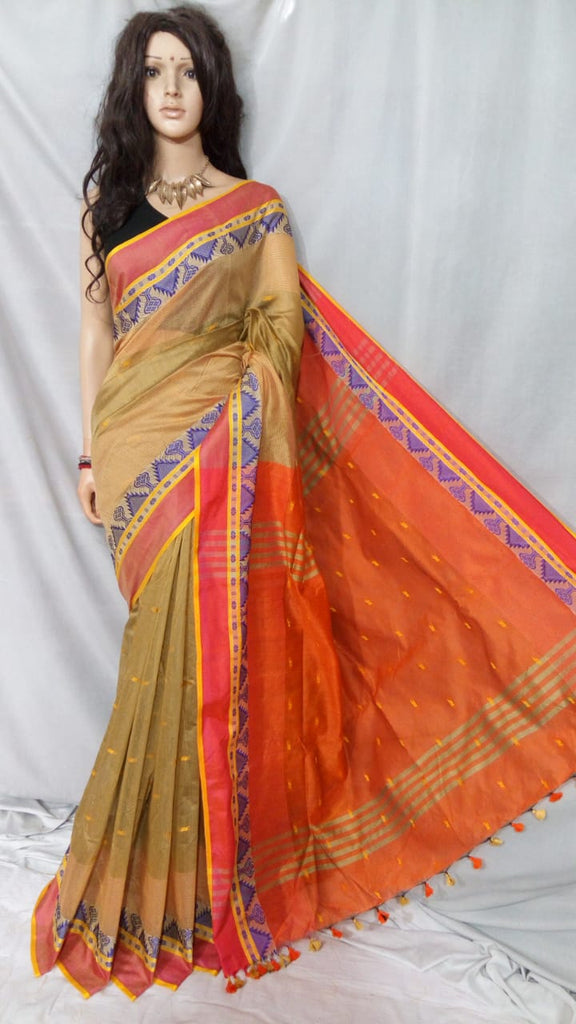 Beige Orange Shreya Handloom Pure Cotton Silk Sarees