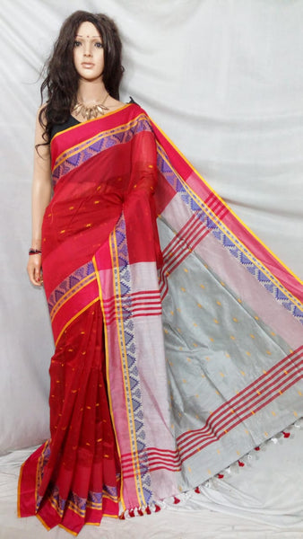 Red White Shreya Handloom Pure Cotton Silk Sarees