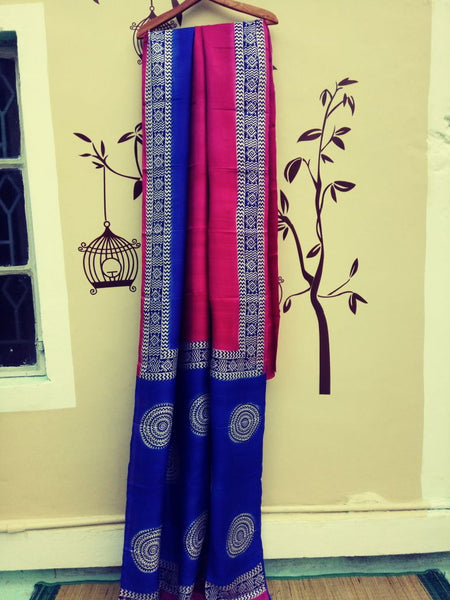 Blue Pink Pure Silk Mark Certified Murshidabad Silk Sarees