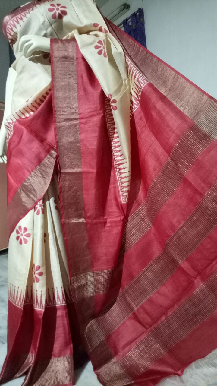 Red Beige  Zari Block Printed  Zari Border Pure Silk Mark Certified Tussar Silk Sarees - Dailybuyys