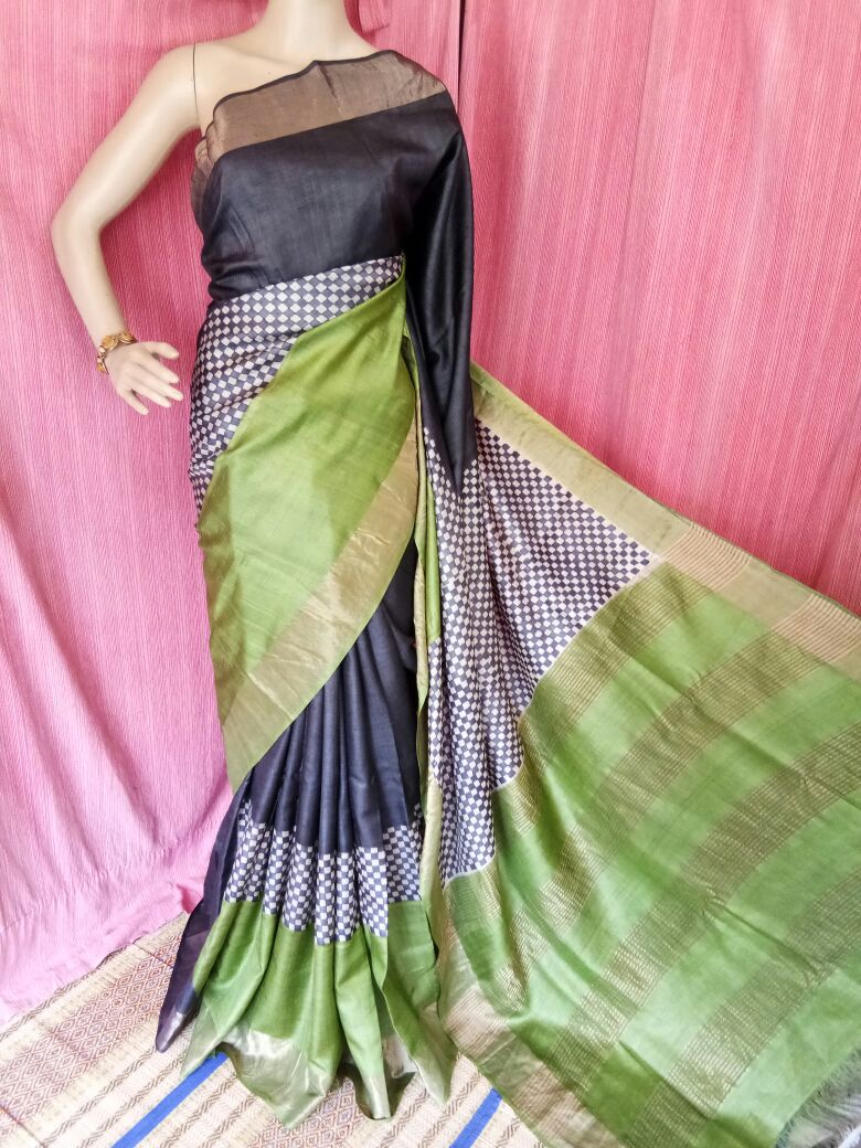 Geen Black  Zari Block Printed  Zari Border Pure Silk Mark Certified Tussar Silk Sarees - Dailybuyys