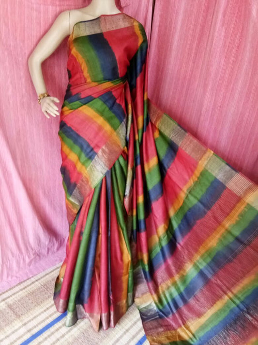 Red Black  Zari  Block Printed Zari Border Pure Silk Mark Certified Tussar Silk Sarees - Dailybuyys