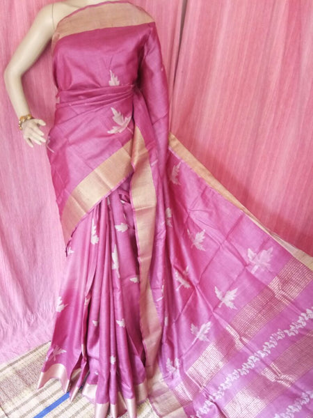 Pink  Zari Block Printed  Zari Border Pure Silk Mark Certified Tussar Silk Sarees