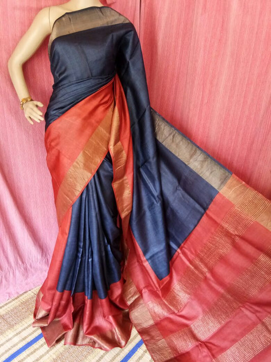 Black Red Block Printed  Zari Border Pure Silk Mark Certified Tussar Silk Sarees - Dailybuyys