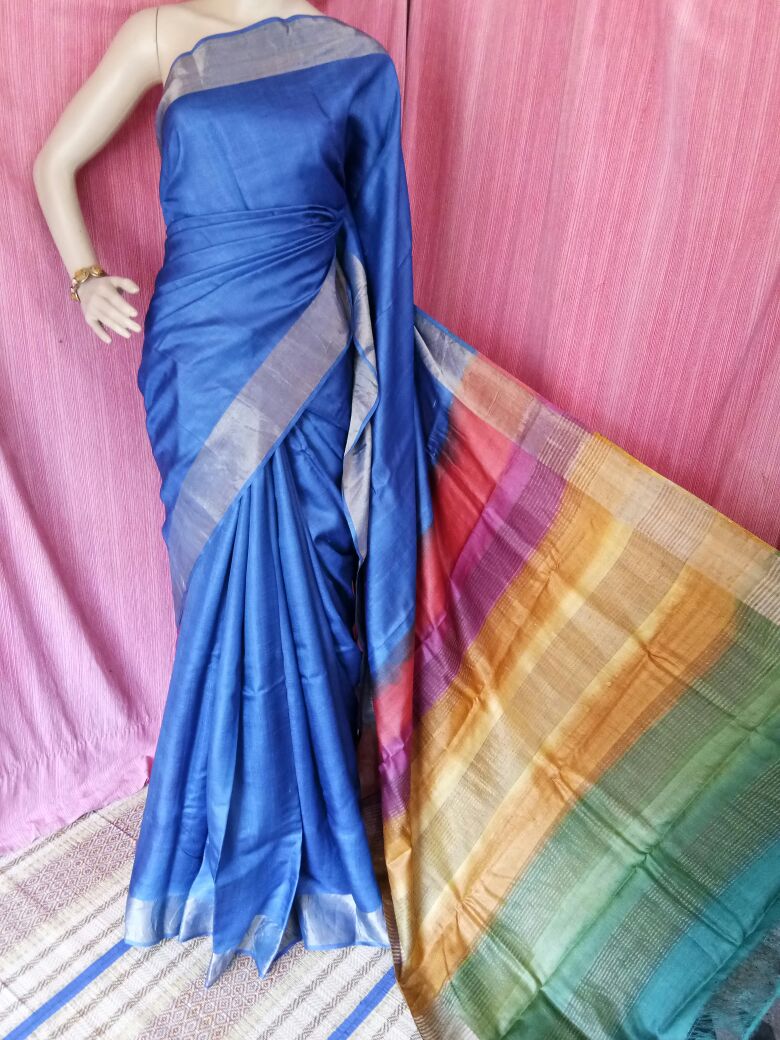 Blue Block Printed  Zari Border Pure Silk Mark Certified Tussar Silk Sarees - Dailybuyys
