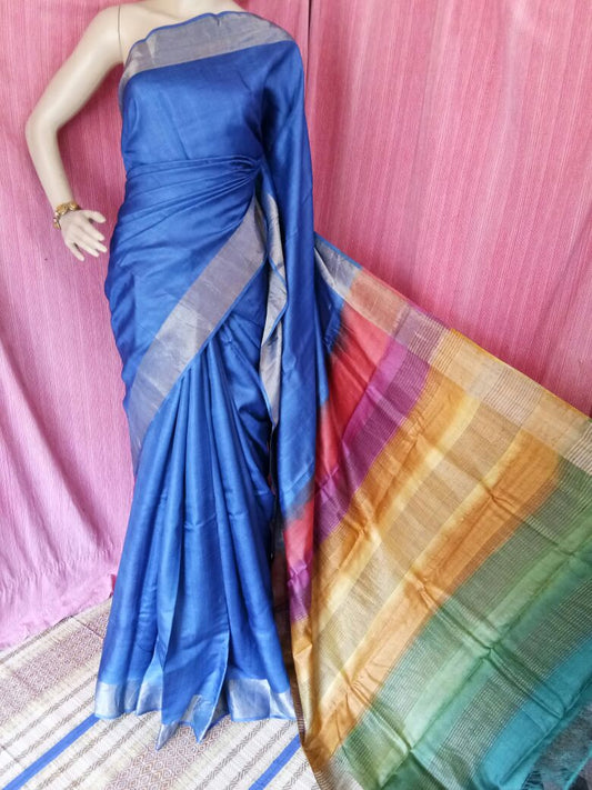Blue Block Printed  Zari Border Pure Silk Mark Certified Tussar Silk Sarees - Dailybuyys