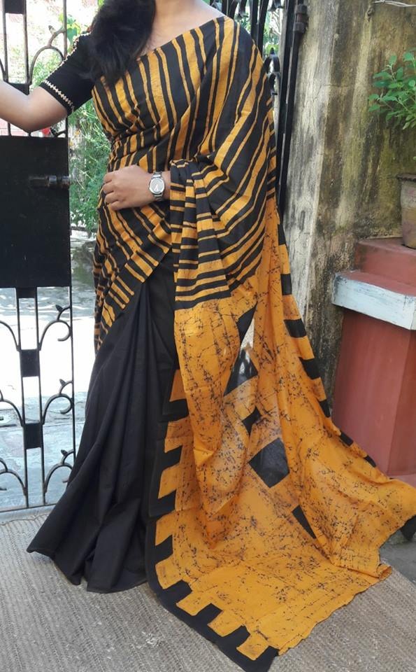 Yellow Black Mulmul Batik Sarees - Dailybuyys