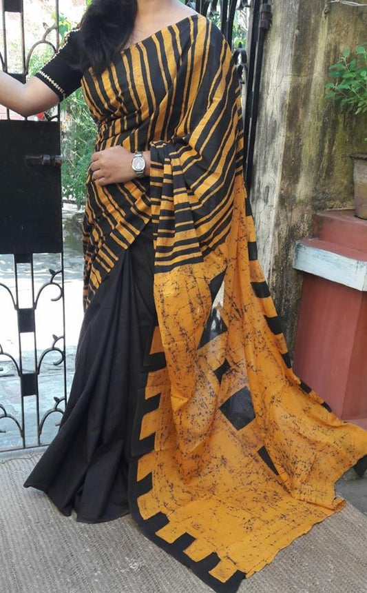 Yellow Black Mulmul Batik Sarees - Dailybuyys