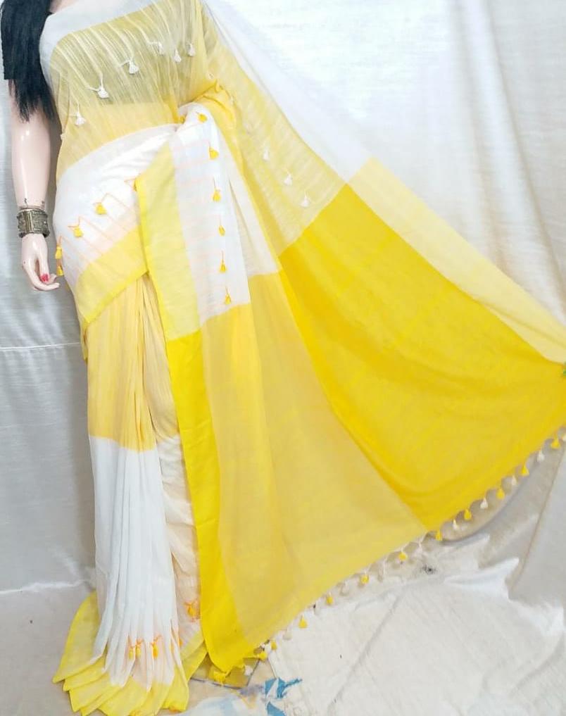 Yellow White KK Khadi Sarees
