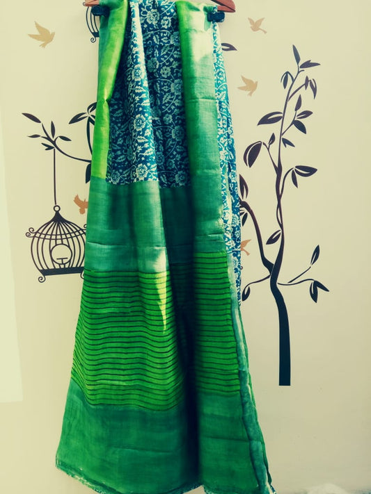 Green Blue  Glamour Hand Painted Zari Border Pure Silk Mark Certified Tussar Silk Sarees - Dailybuyys