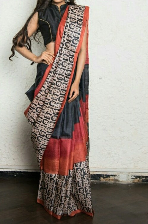 Red Black  Glamour Block Printed  Zari Border Pure Silk Mark Certified Tussar Silk Sarees - Dailybuyys