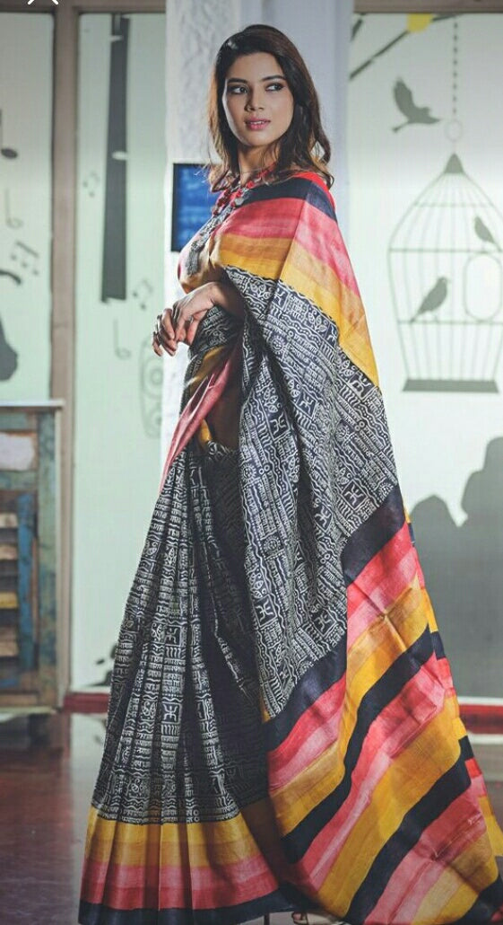 Black  Block Printed Zari Border Pure Silk Mark Certified Tussar Silk Sarees - Dailybuyys