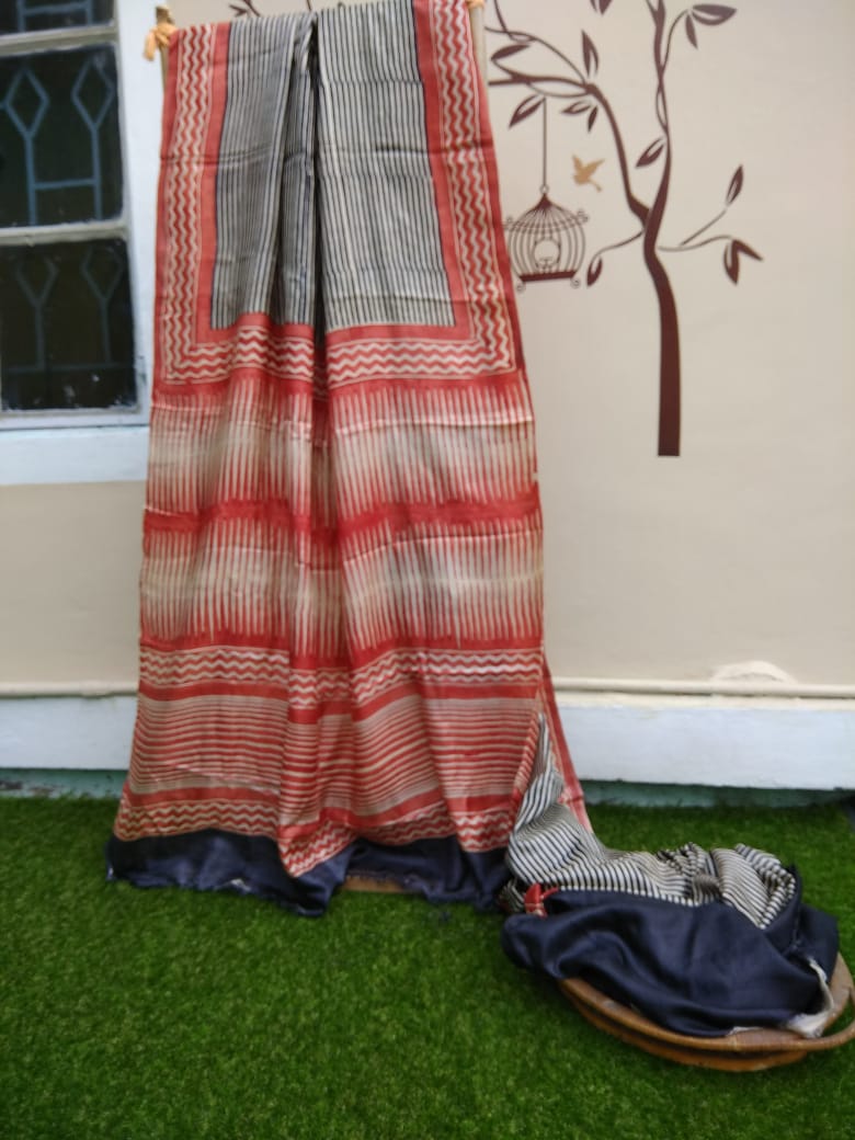 Red White  Glamour Block Printed  Zari Border Pure Silk Mark Certified Tussar Silk Sarees - Dailybuyys