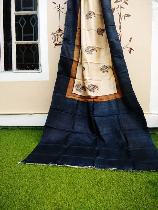 Blue White Block Printed  Zari Border Pure Silk Mark Certified Tussar Silk Sarees - Dailybuyys