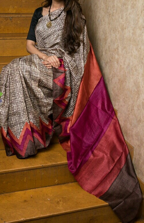 Pink Orange  Glamour Block Printed  Zari Border Pure Silk Mark Certified Tussar Silk Sarees - Dailybuyys