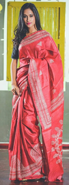 Red  Glamour Block Printed  Zari Border Pure Silk Mark Certified Tussar Silk Sarees
