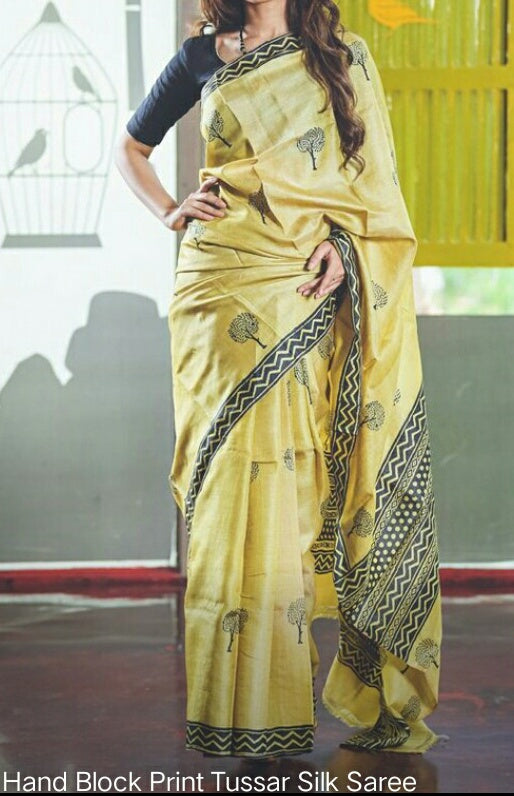 Yellow Black  Glamour Block Printed  Zari Border Pure Silk Mark Certified Tussar Silk Sarees - Dailybuyys