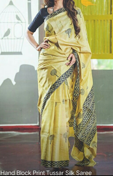 Yellow Black  Glamour Block Printed  Zari Border Pure Silk Mark Certified Tussar Silk Sarees