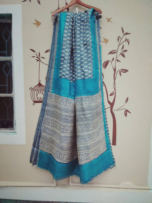 Blue Grey  Glamour Block Printed  Zari Border Pure Silk Mark Certified Tussar Silk Sarees - Dailybuyys