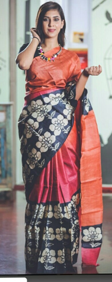 Orange Black  Glamour Block Printed  Zari Border Pure Silk Mark Certified Tussar Silk Sarees - Dailybuyys