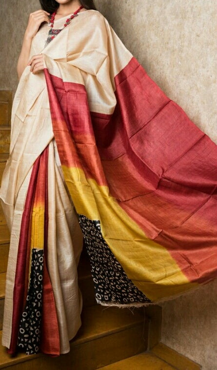 Beige Red Block Printed  Pure Silk Mark Certified Tussar Silk Sarees - Dailybuyys
