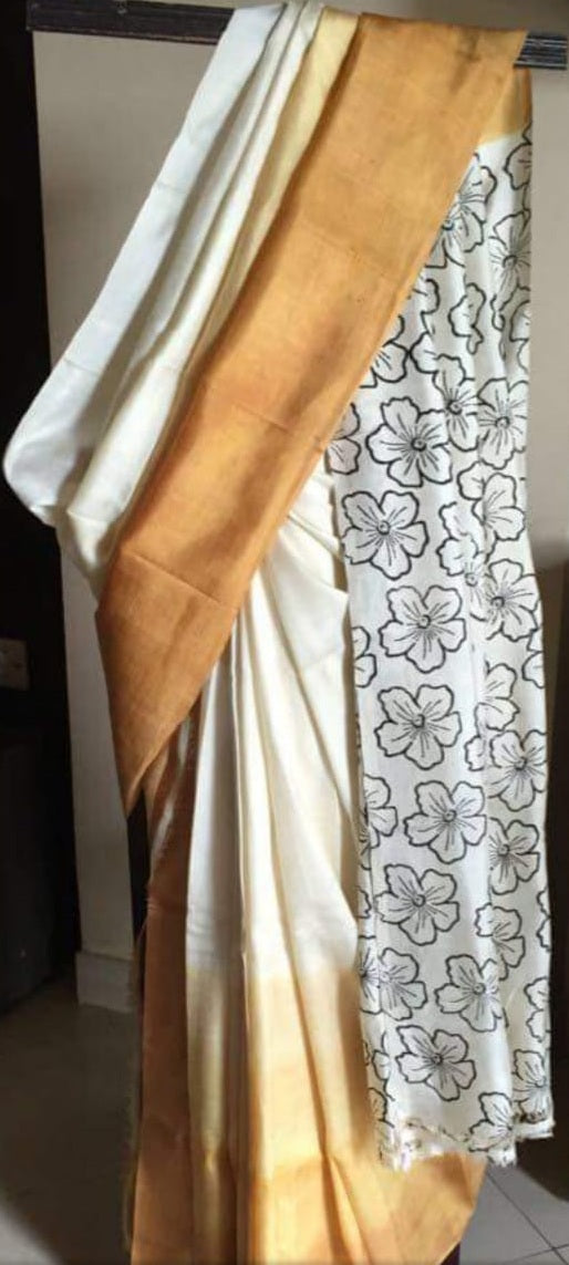 White  Glamour Block Printed  Zari Border Pure Silk Mark Certified Tussar Silk Sarees - Dailybuyys