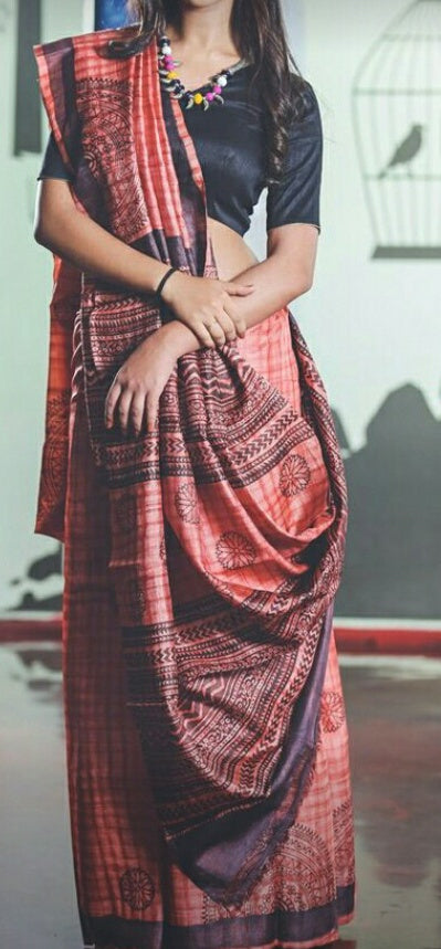 Red Black  Glamour Block Printed  Zari Border Pure Silk Mark Certified Tussar Silk Sarees - Dailybuyys