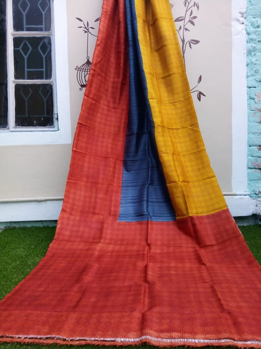 Red Yellow  Glamour  Block Printed Zari Border Pure Silk Mark Certified Tussar Silk Sarees - Dailybuyys