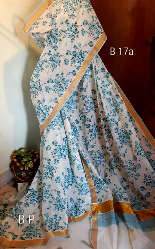 White Blue KK Kerala Pure Cotton Sarees - Dailybuyys