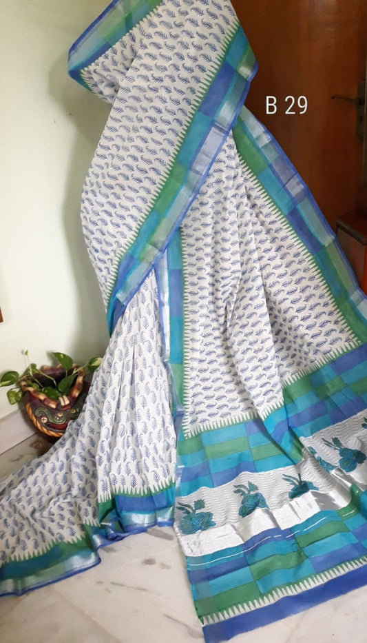 White Green KK Kerala Pure Cotton Sarees - Dailybuyys