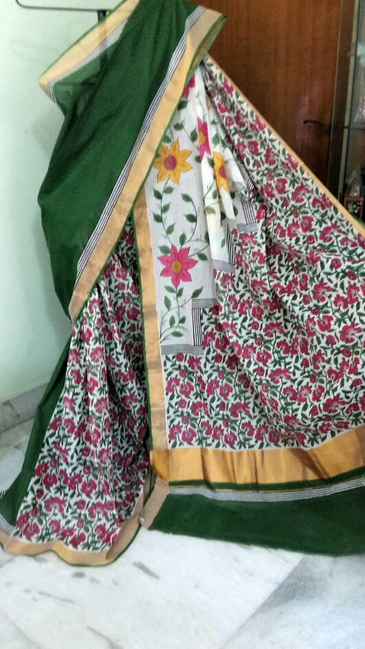 Green KK Kerala Pure Cotton Sarees - Dailybuyys