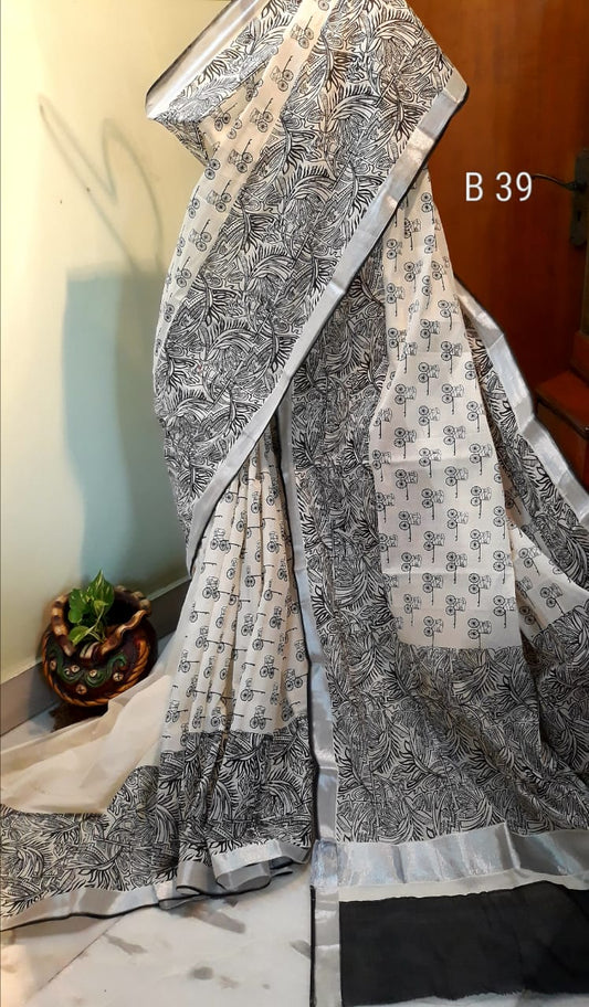 Grey White KK Kerala Pure Cotton Sarees - Dailybuyys